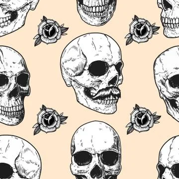Seamless pattern with skulls and roses. Design element for poster, card, bann Stock Illustration