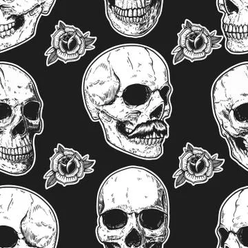 Seamless pattern with skulls and roses. Design element for poster, card, bann Stock Illustration