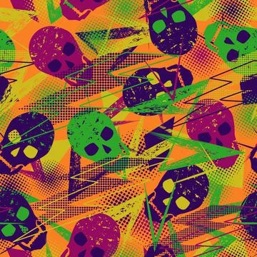 Seamless pattern with skulls, dotted shapes Stock Illustration