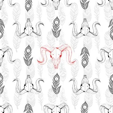 Seamless pattern with skulls of goat and hand-drawn feathers . Line drawing o Stock Illustration
