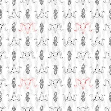 Seamless pattern with skulls of goat and hand-drawn feathers . Line drawing o Stock Illustration