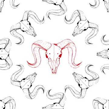 Seamless pattern with skulls of goat. Line drawing of skulls. Mystical backgr Stock Illustration