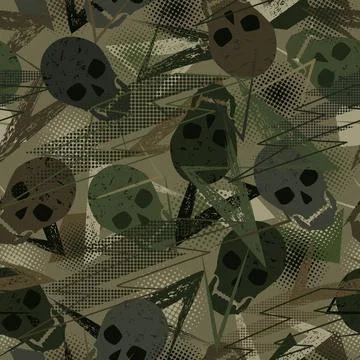 Seamless pattern with skulls, grunge paint brush stroke, dotted halftone shap Illustrazione stock