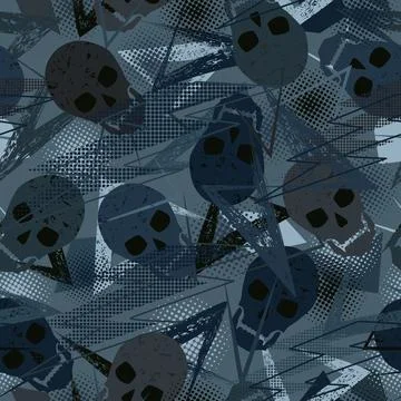 Seamless pattern with skulls, grunge paint brush stroke, dotted halftone shap Stock Illustration