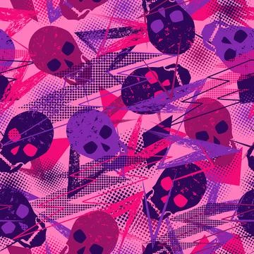 Seamless pattern with skulls, grunge paint brush stroke, dotted halftone shap Stock Illustration