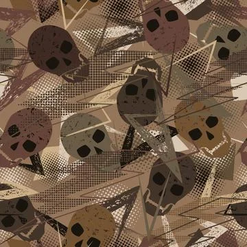 Seamless pattern with skulls, grunge paint brush stroke, halftone shapes Stock Illustration