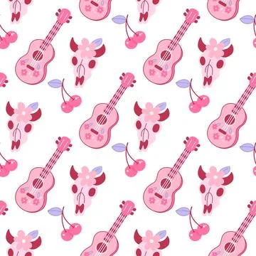Seamless pattern with skulls, guitars, cherries Stock Illustration