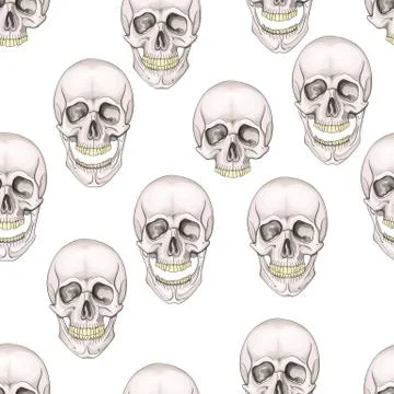 Seamless pattern skulls. Hand painted mystic emblem. Halloween's night. Horror. Stock Illustration