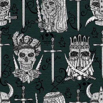 Seamless pattern with skulls of king, queen, knight and page, with sword and  イラスト素材