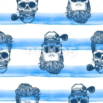 Seamless pattern with skulls silhouettes watercolor stripes at the background. Stock Illustration