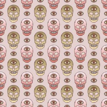 Seamless pattern with skulls with a third eye, stylized in pop art style. Stock Illustration