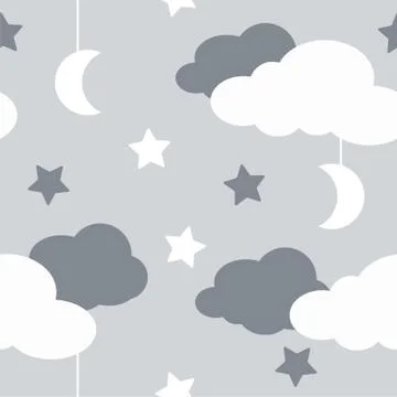 Seamless pattern with sky elements in line art style, grey night Stock Illustration