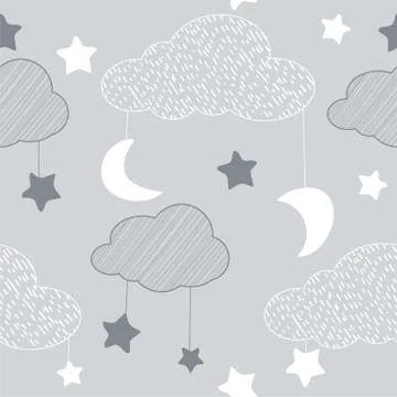 Seamless pattern with sky elements in line art style, grey night Stock Illustration