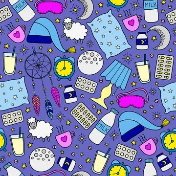 Seamless pattern with sleep and insomnia items. Illustrazione stock