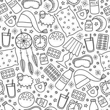 Seamless pattern with sleep and insomnia items. Stock Illustration