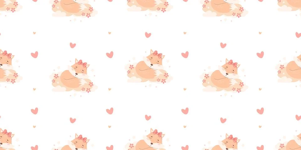 Seamless pattern with sleeping animal fox on cloud on white background. Vec.. Stock Illustration