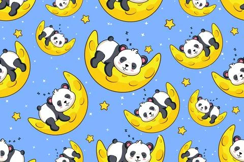 Seamless Pattern with Sleeping Baby Pandas on Moon and Stars Stock Illustration