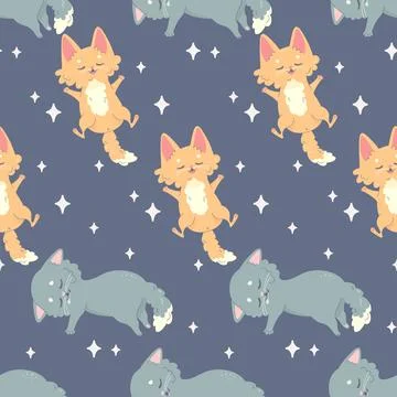 Seamless pattern sleeping cat, napping, cartoon cute, vector illustration f.. Illustrazione stock
