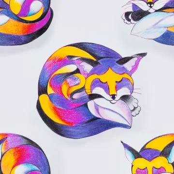 Seamless pattern of a sleeping fox on a white background. Stock Illustration