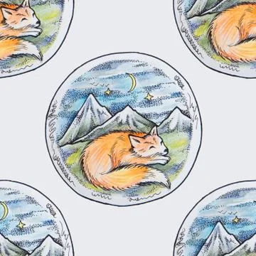 Seamless pattern of a sleeping fox on a white background. Illustrazione stock