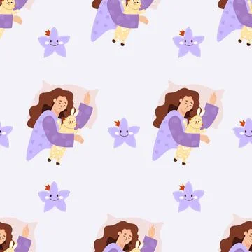 Seamless pattern with sleeping girl with plush rabbit toy on light backgrou.. Stock Illustration