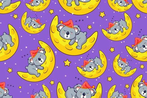 Seamless Pattern with Sleeping Koalas on Crescent Moons Vector Illustration イラスト素材