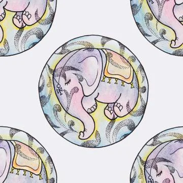 Seamless pattern of a sleeping little elephant on a white background. Stock Illustration