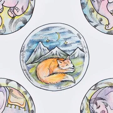 Seamless pattern of a sleeping little elephant and a fox on a white background. Stock Illustration