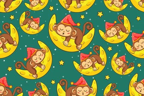 Seamless Pattern Sleeping Monkey on Moon Stock Illustration