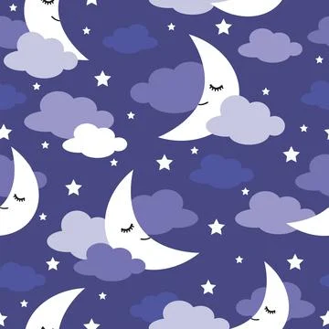 Seamless pattern sleeping moons, clouds and stars vector illustration イラスト素材