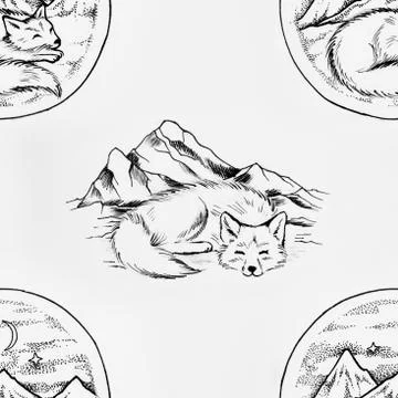 Seamless pattern of sleeping in the mountains of a fox on a white background. Stock Illustration