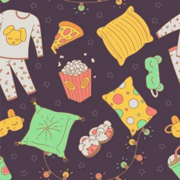 Seamless pattern with sleepover pajama party items, sketch vector illustration. 스톡 일러스트