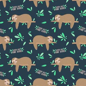 Seamless pattern of sleepy cute sloths in the night. Hand-drawn illustration  스톡 일러스트