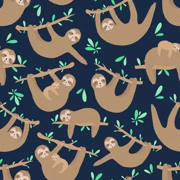 Seamless pattern of sleepy cute sloths in the night. Hand-drawn illustration  스톡 일러스트