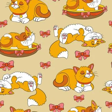 Seamless pattern with sleepy ginger cats vector illustration Illustrazione stock