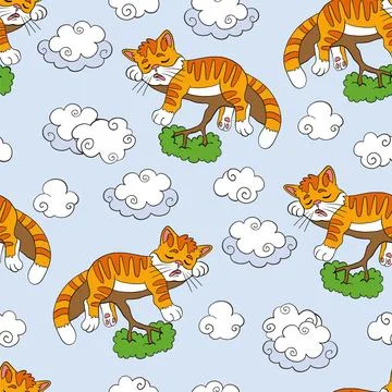 Seamless pattern with sleepy tabby cats vector illustration Illustrazione stock