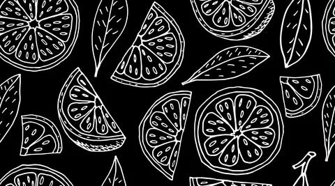 Seamless pattern. Slice and quarter of lemon fruit and leaves on black backgr Stock Illustration