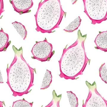 Seamless pattern with slice of dragon fruit. Round chopped slices. Watercolor Stock Illustration