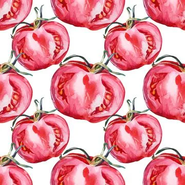 Seamless pattern slice half tomato on white background. Watercolor red hand Stock Illustration