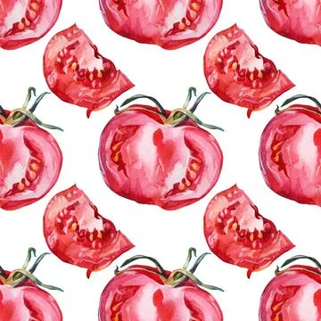 Seamless pattern slice half tomato on white background. Watercolor red hand Stock Illustration
