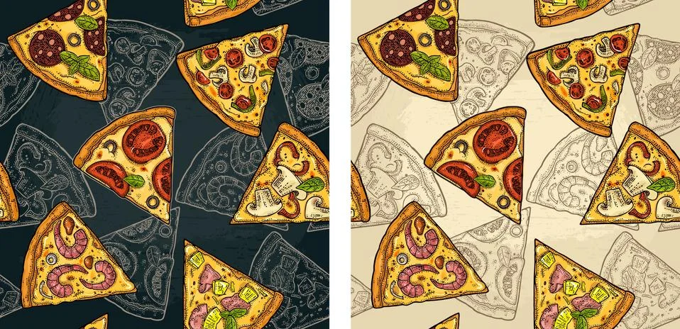 Seamless pattern slice pizza Pepperoni, Hawaiian, Margherita, Mexican, Seafoo Stock Illustration