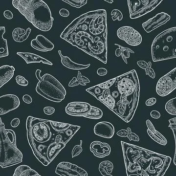 Seamless pattern slice pizza Pepperoni, Hawaiian, Margherita, Mexican, Seaf.. イラスト素材