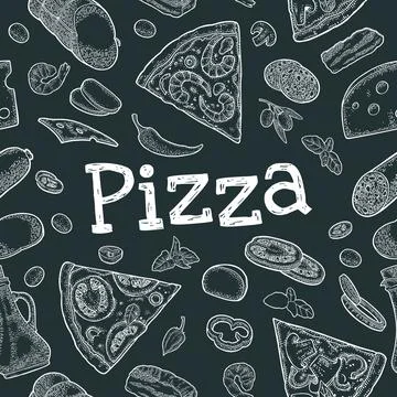 Seamless pattern slice pizza Pepperoni, Hawaiian, Margherita, Mexican, Seafoo Illustrazione stock