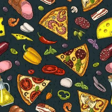 Seamless pattern slice pizza Pepperoni, Hawaiian, Margherita, Mexican, Seaf.. Stock Illustration