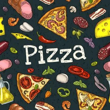 Seamless pattern slice pizza Pepperoni, Hawaiian, Margherita, Mexican, Seaf.. Stock Illustration