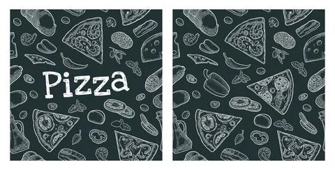 Seamless pattern slice pizza Pepperoni, Hawaiian, Margherita, Mexican, Seafoo Illustration