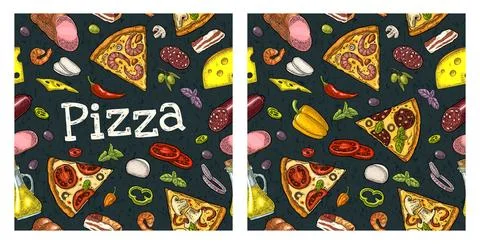 Seamless pattern slice pizza Pepperoni, Hawaiian, Margherita, Mexican, Seaf.. Stockillustratie