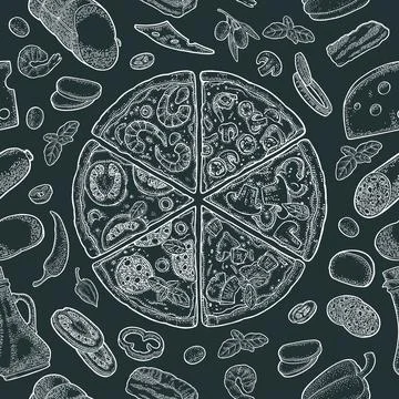Seamless pattern slice pizza Pepperoni, Hawaiian, Margherita, Mexican, Seafoo Stockillustratie
