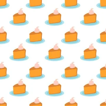 Seamless Pattern. Slice of pumpkin pie with whipped cream on the plate. Stock Illustration