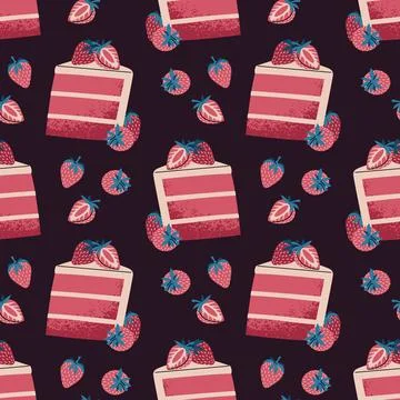 Seamless Pattern With Slice Of Strawberry Cake In Flat Style. Valentine's Day Stock Illustration